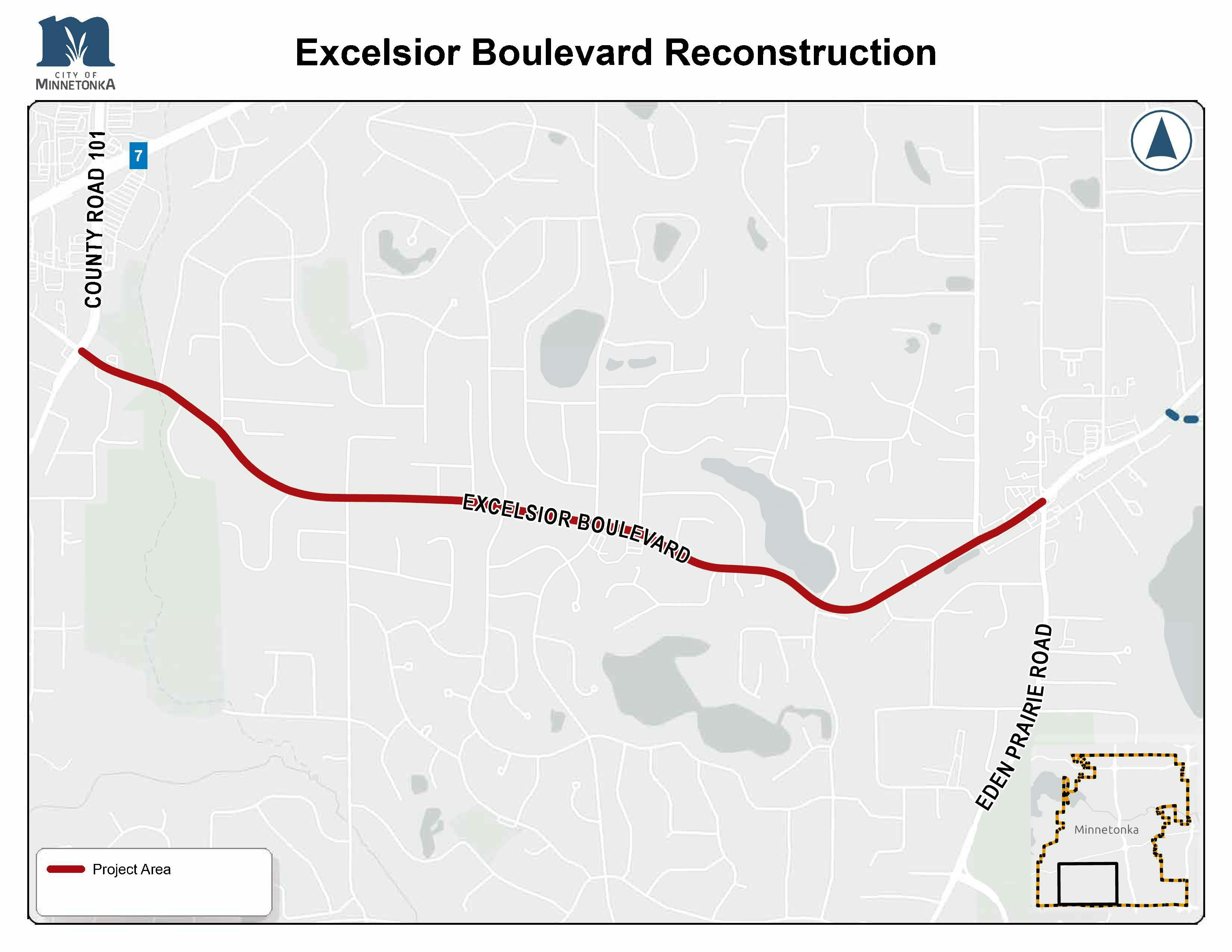Map showing the Excelsior Boulevard Reconstruction project area, highlighted in red along Excelsior Boulevard between County Road 101 and Eden Prairie Road