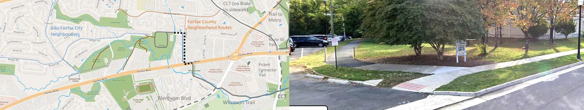 Proposed trail route map and photo of Wilcoxon Trailhead at Fairfax Boulevard