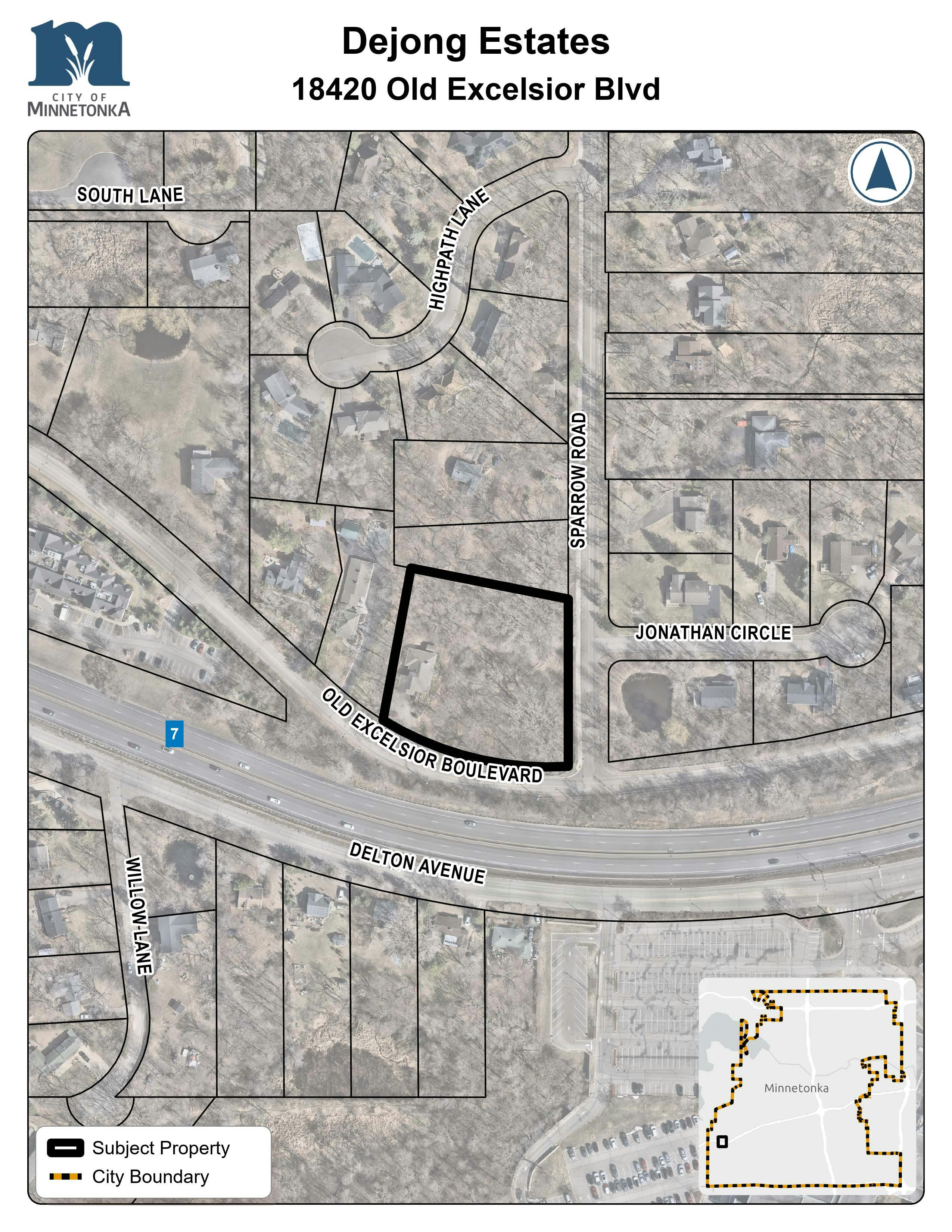 Map showing the subject property outlined in black at 18420 Old Excelsior Boulevard in Minnetonka, located between Sparrow Road and Delton Avenue