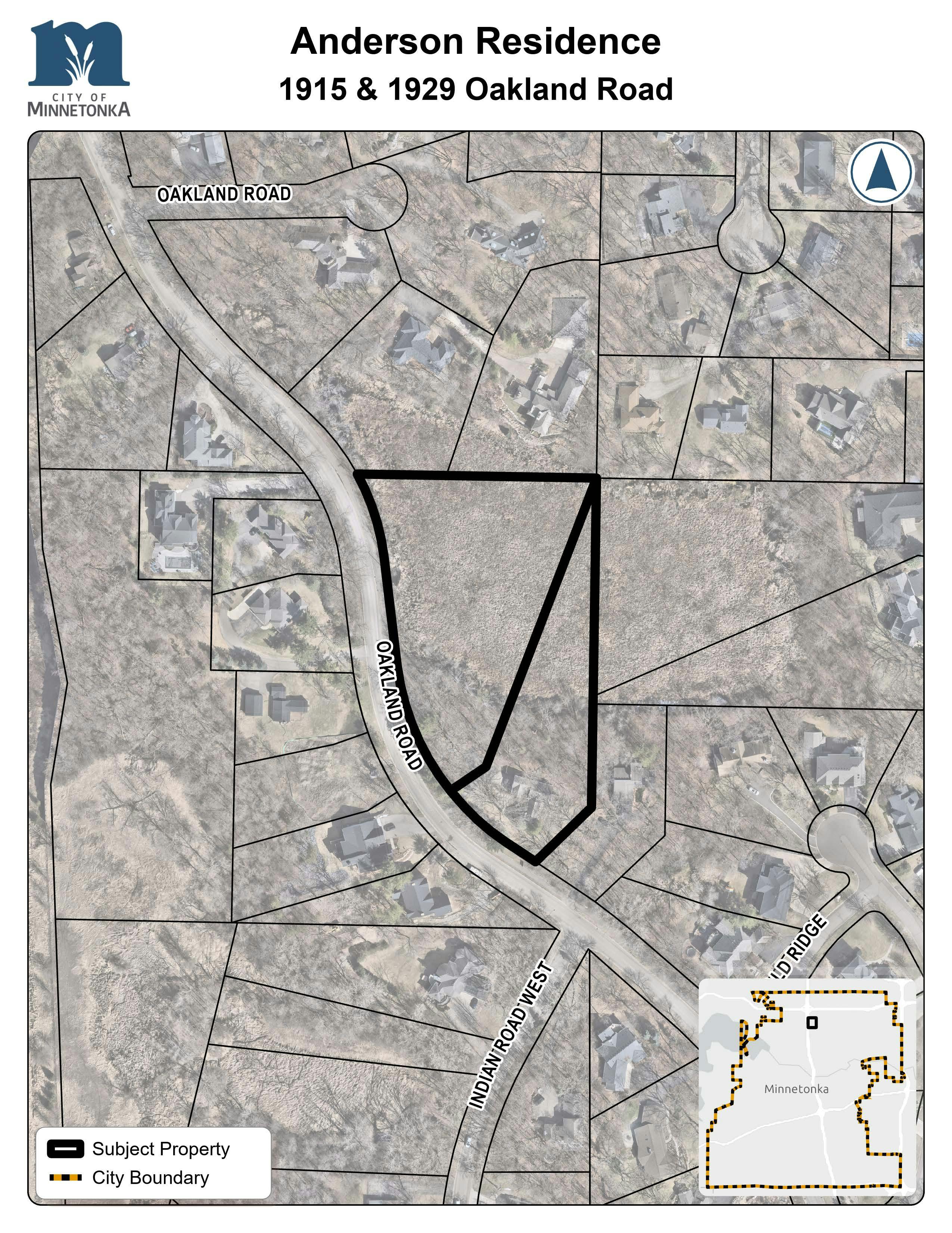 Map showing the subject property outlined in black at 1915 and 1929 Oakland Road in Minnetonka, located between Oakland Road and Indian Road West