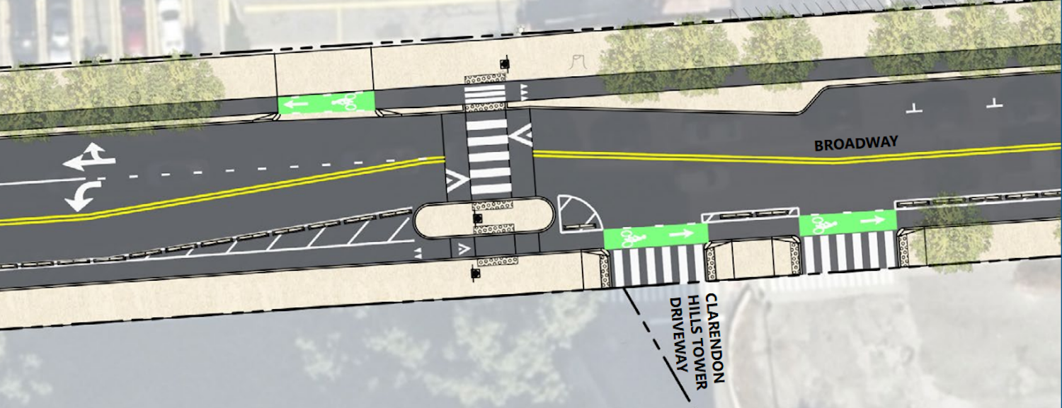 Option 3 includes a shorter crossing and a large concrete island on the south side (near Clarendon Towers) to provide a large waiting space for people crossing.