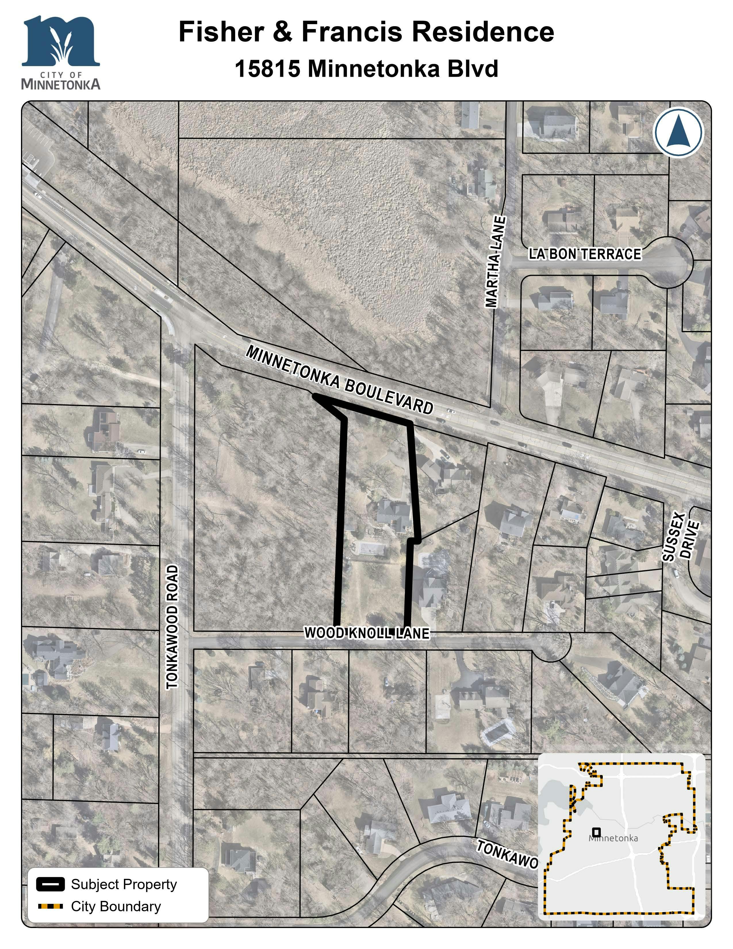A map showing the subject property outlined in black between Minnetonka Boulevard and Woodknoll Lane, near Tonkawood Road and Martha Lane. An inset map shows its location within Minnetonka.