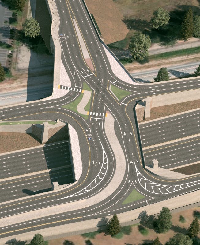 A rendering of a completed diverging diamond interchange with protected pedestrian access.