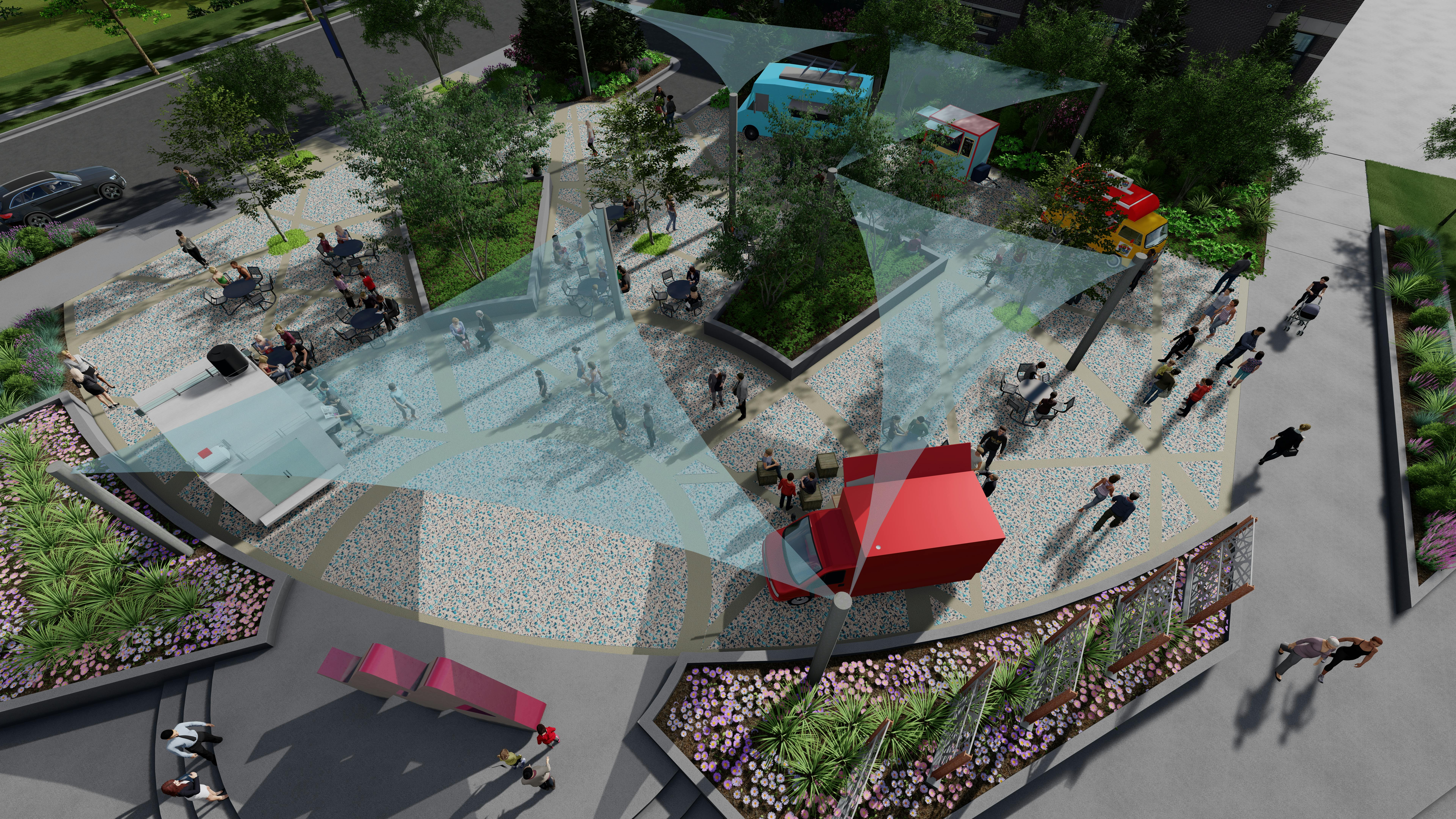 Overhead shot of Food Truck Plaza with Shade Awnings