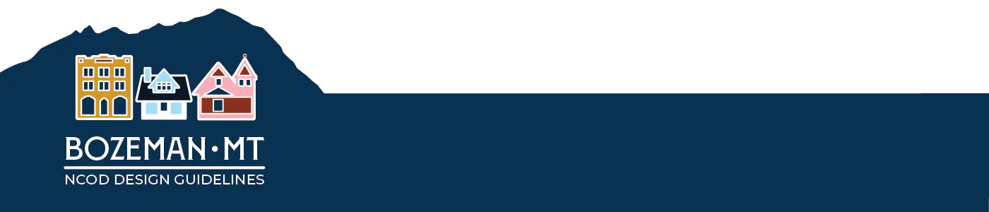 Graphic of 3 historical homes over blue mountains in background