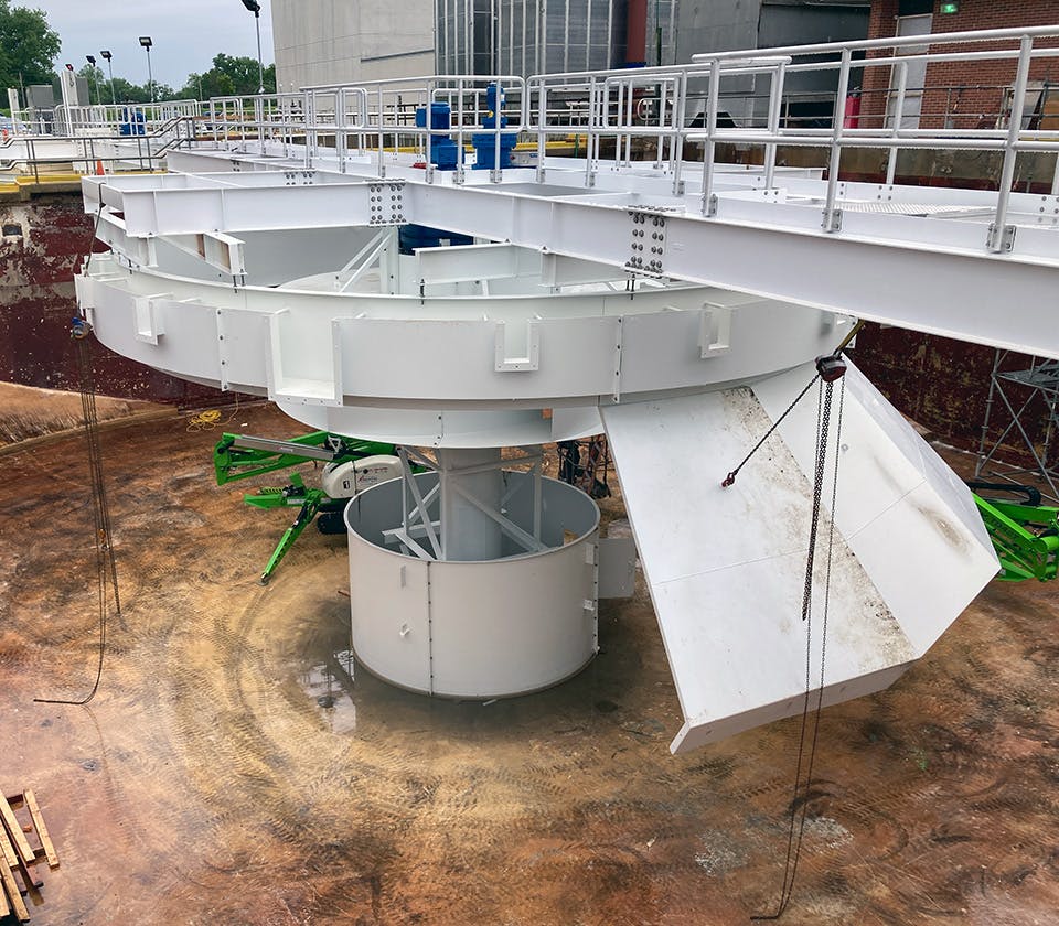 The cone around the base of the clarifier in Primary Basin 2 is partially complete.