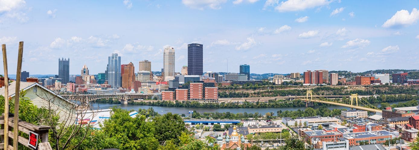 City of Pittsburgh skyline on a clear, sunny day, taken from South Side Slopes