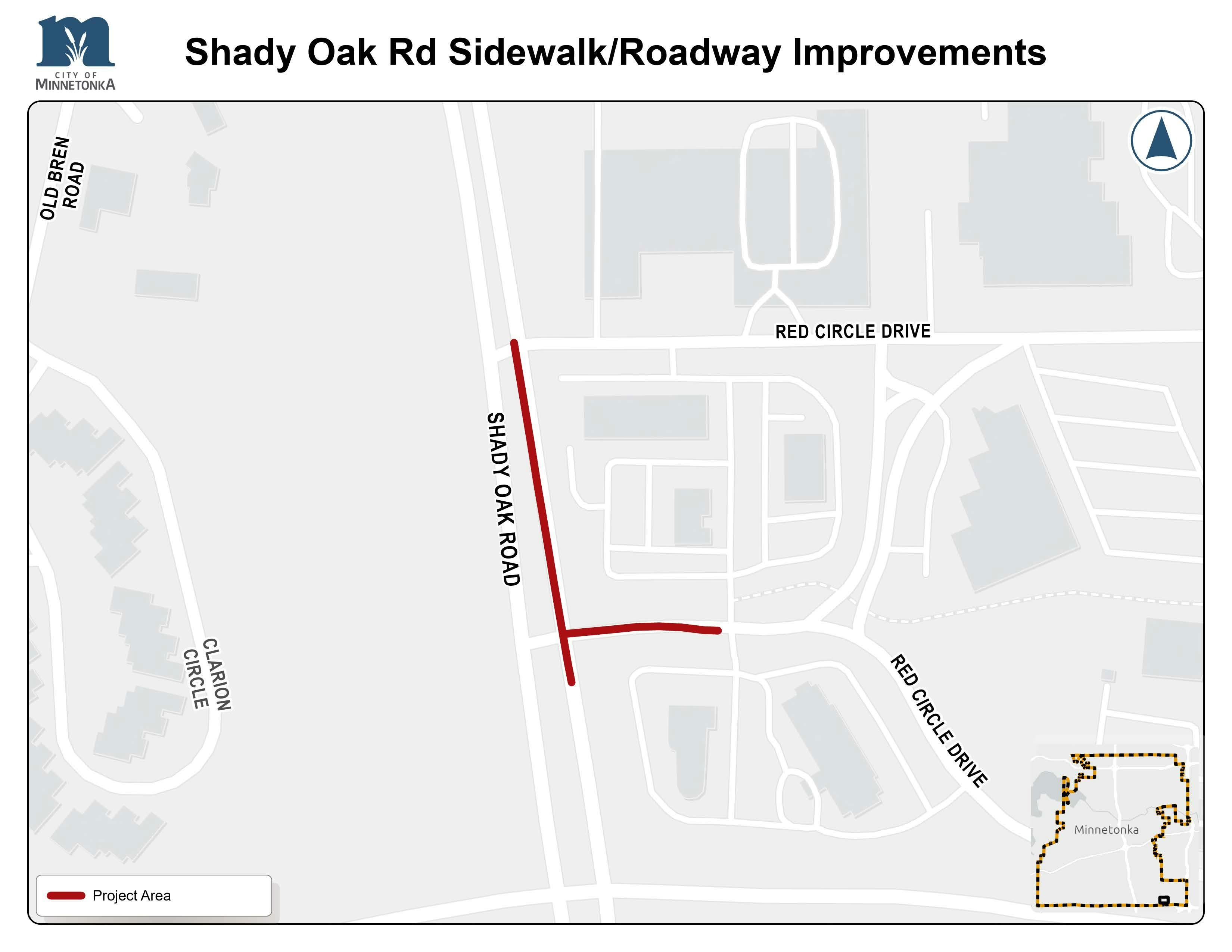 Map showing the Shady Oak Road sidewalk and roadway improvement project in Minnetonka, with the project area highlighted in red along Shady Oak Road and a short connector to Red Circle Drive