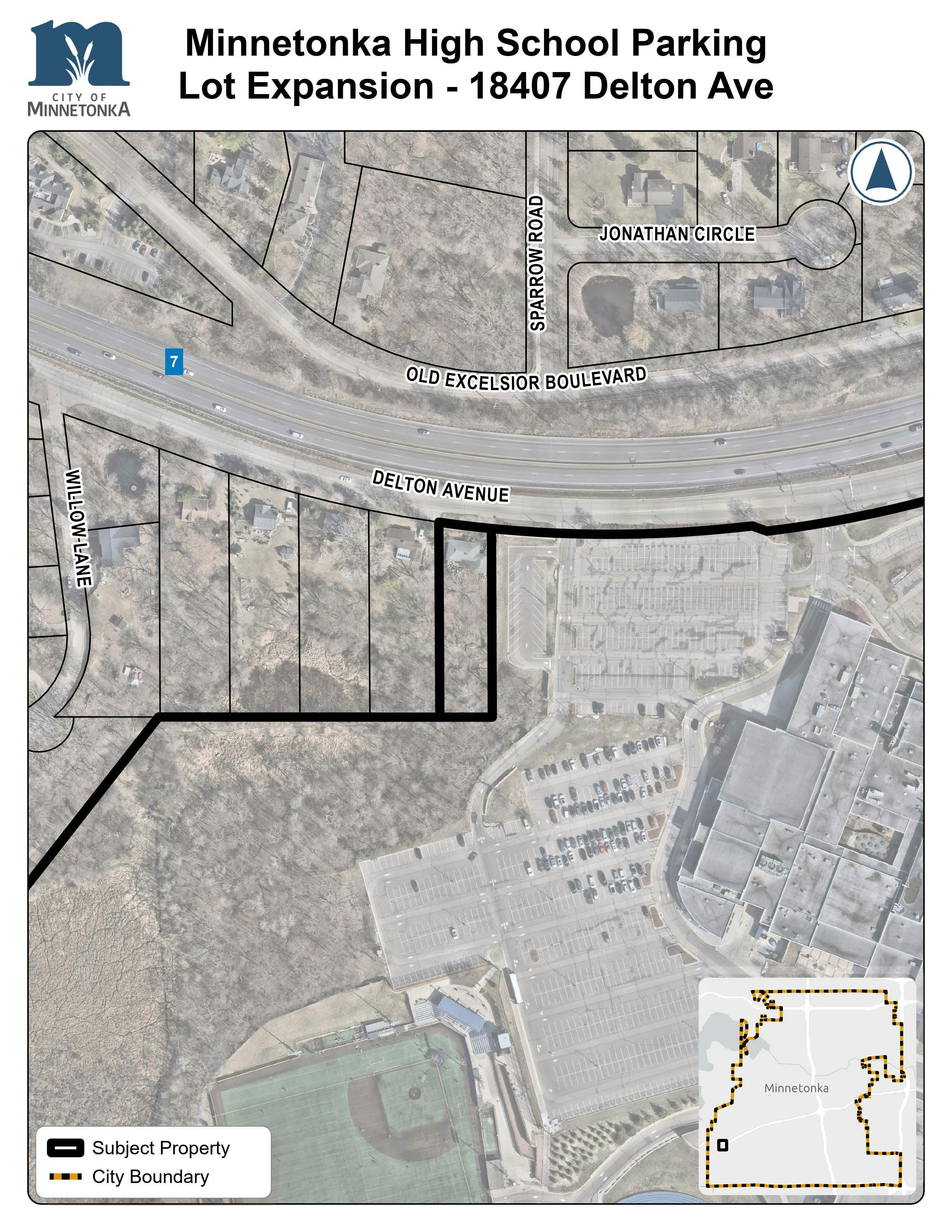 A map showing the subject property outlined in black along Delton Avenue near Minnetonka High School, just south of Old Excelsior Boulevard. A small inset map shows its location within the city boundary.