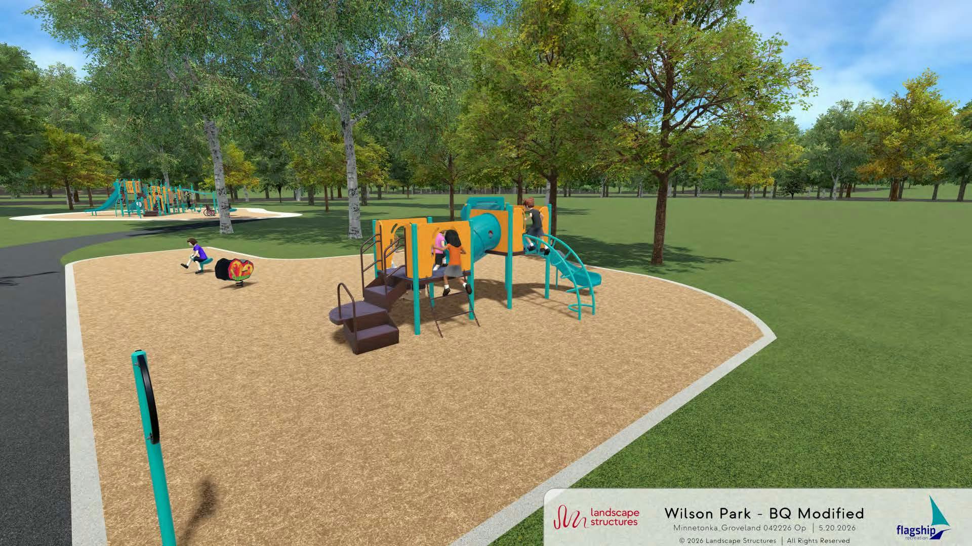 Rendering of a small playground with a tunnel climber and steps in the foreground and a larger play structure in the distance, all set in a grassy park with surrounding trees and paths.