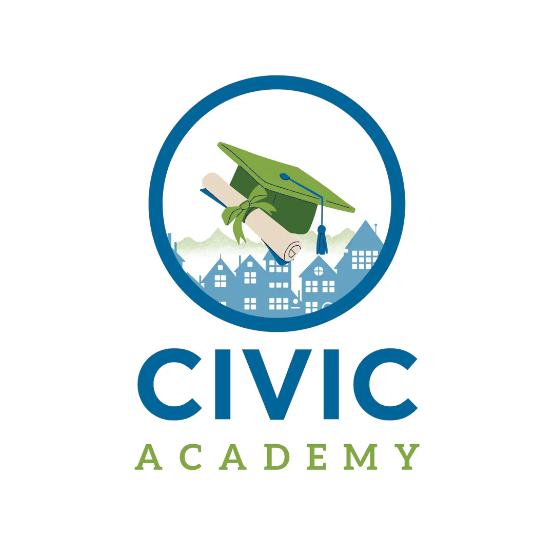 Civic Academy in white letters above a photo of a Town of Parker 5-globe lamppost with a purple overlay. 