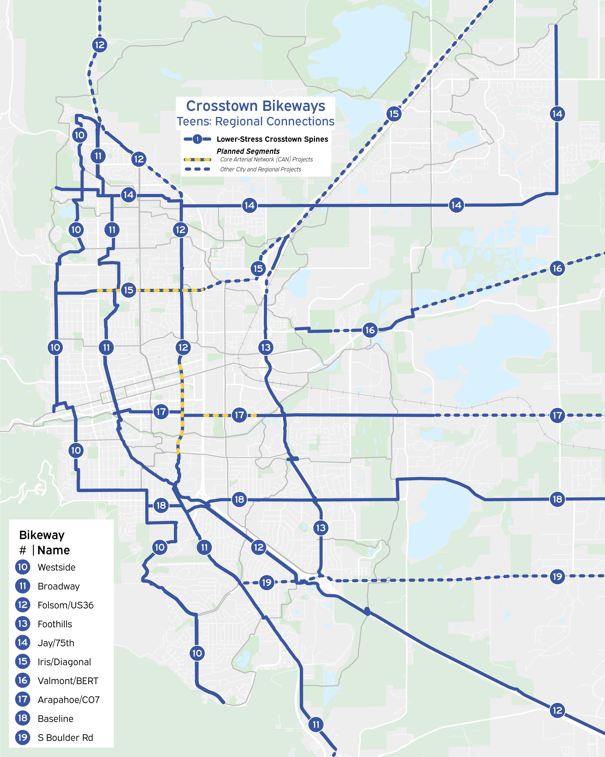 Map of Boulder with on- and off-street bike facilities designated 10-19