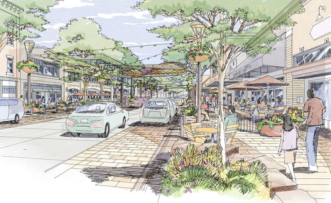 Eye-level rendering of the 4th Street Revitalization project created by Russell + Mills Studios.