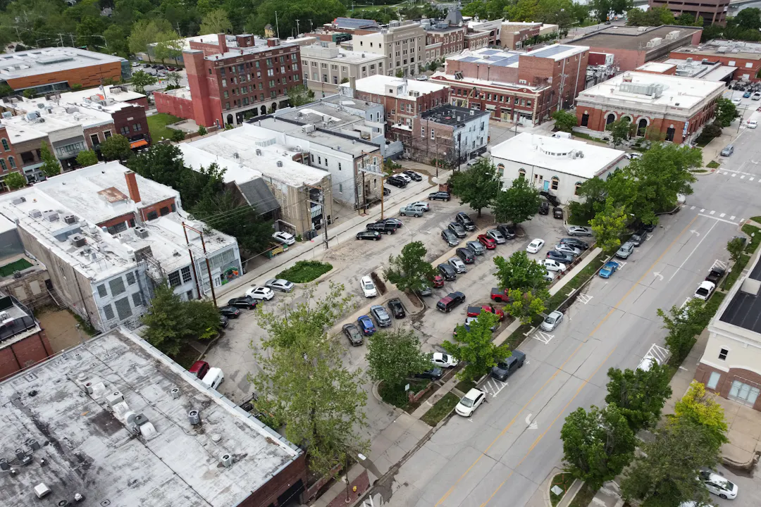 An aerial image of the parking lot at 711 New Hampshire in Lawrence, Kansas